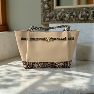 MICHAEL KORS REED LARGE BELTED TOTE SHOULDER BAG EXOTIC NATURAL/LIGHT CREAM